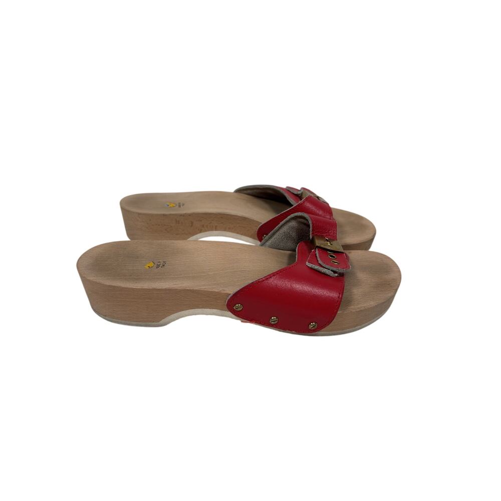 Dr. Scholl's Original Wood Sandals Womens 7 Red Leather Slip On Platform Wedge